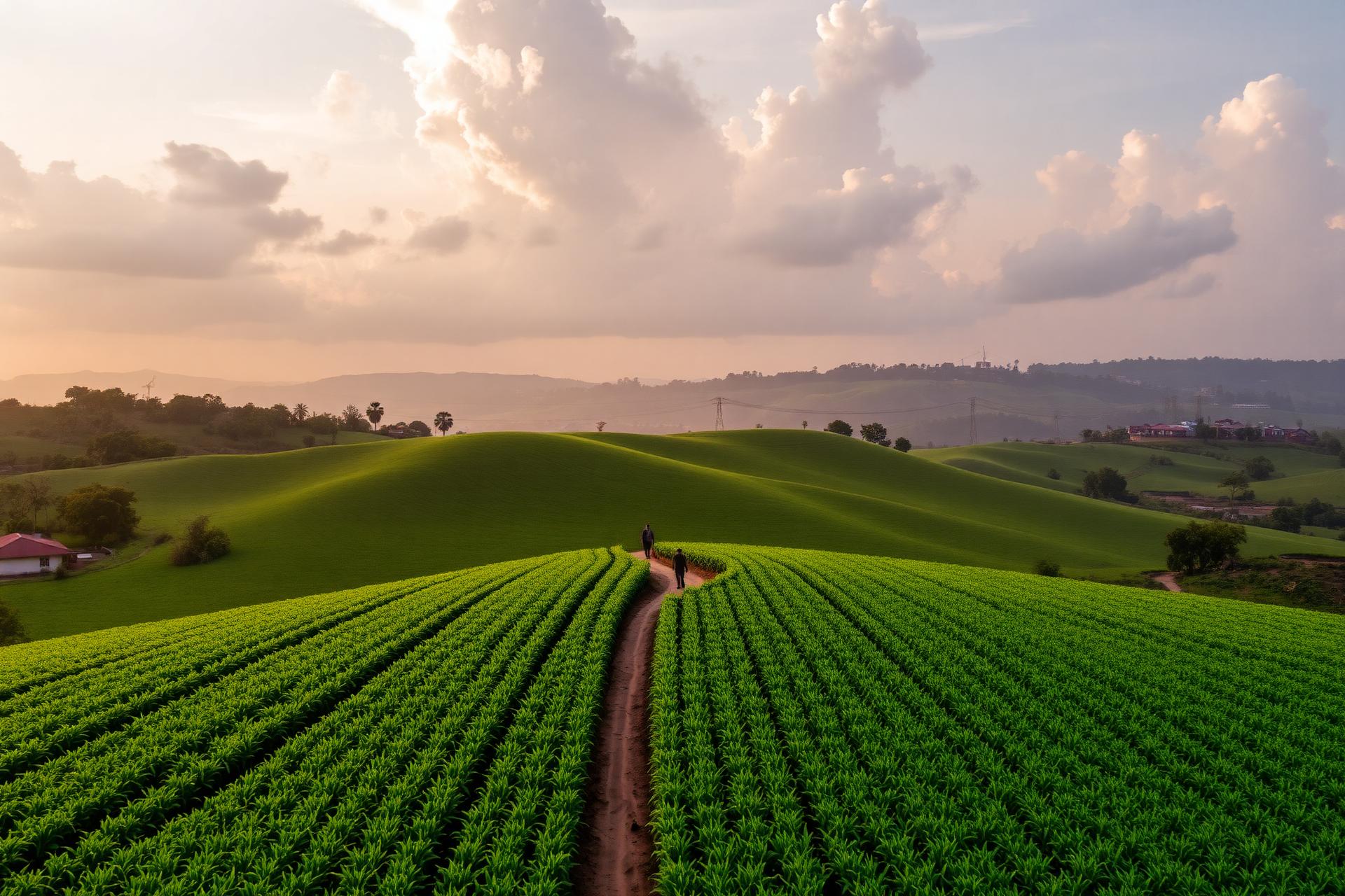 Lush African farm at golden hour
